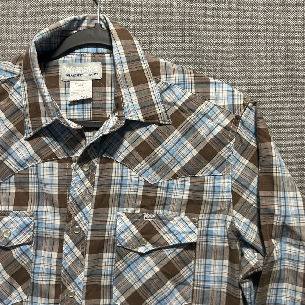 Wrangler Wrancher Mens Western Snap Shirt Brown Blue Plaid MTW1355 Size M